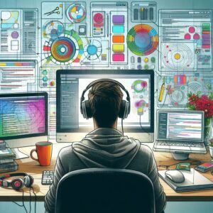 Ilustración de una persona que teje una red digital con hilos de colores.